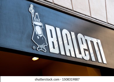 Rome / Italy - July 17, 2019: Italian coffee machines and accessories Bialetti shop with company logo