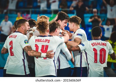 ROME, Italy - JULY 3, 2021: European Football Championship UEFA EURO 2020. England national team celebrate goal scored during the football match between team of the England vs Ukraine, Italy