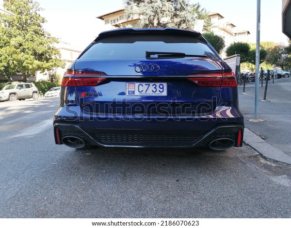Rome, Italy - July 30, 2022, detail of the rear of\
the Audi RS6 car, passenger car produced by the German car\
manufacturer Audi since\
2002.