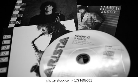 Rome, Italy - June 05, 2019: CD and artwork covers of the American saxophonist KENNY G. he worked on several film soundtracks, including Dying Young and The Bodyguard