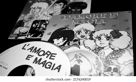 Rome, Italy - June 05, 2019: Artwork Covers Of Italian Cd Soundtracks And Cartoons TV Series By Italian Singer, Actress And TV Presenter Cristina D'avena From The 80s