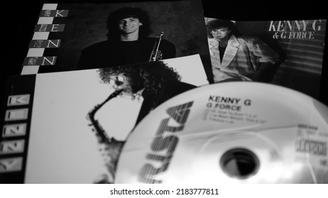 Rome, Italy - June 05, 2019: CD and artwork covers of the American saxophonist KENNY G. one of the best-selling artists of all time, with global sales totaling more than 75 million records