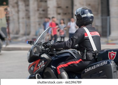 Rome, Italy - June 10, 2017: Back Turned Italian Carabinieri On Motorcycles. The Carabinieri Is A Military Force Charged With Police Duties