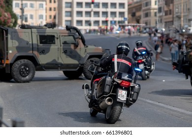 Rome, Italy - June 10, 2017: Back Turned Italian Carabinieri On Motorcycles. The Carabinieri Is A Military Force Charged With Police Duties