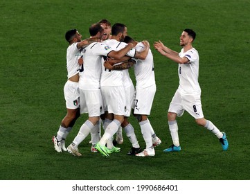 ROME, ITALY - June 11, 2021: 
Players Of Italy Celebrate A Goal 
During The UEFA Euro 2021
Turkey V Italy At Olimpico Stadium.
