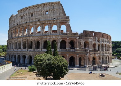 Rome, Italy - June 12 2020: Ancient Roman amphitheater and gladiator arena Colosseum aerial view, heart of Roman Empire, famous tourist landmark, guided tour concept, Rome, Italy