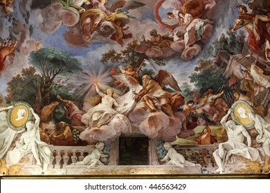 ROME, ITALY - JUNE 14, 2015:  Art painting of ceiling in central hall of Villa Borghese, Rome