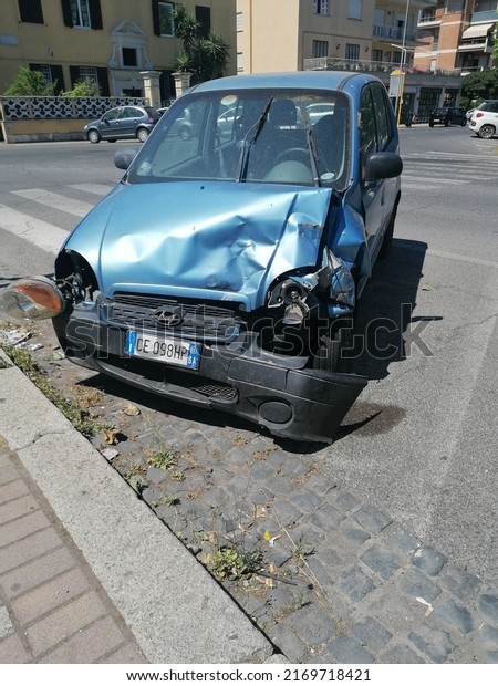 Rome, Italy - June 15, 2022, detail of a crashed\
utility car.