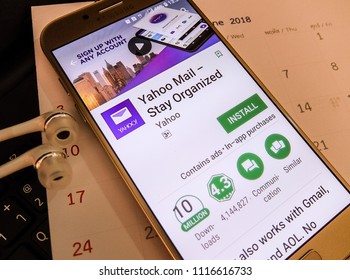 Rome, Italy. June 19, 2018: Yahoo Mail Application On Smartphone Screen. Yahoo App Is Email App To Organize Your Gmail, Outlook, AOL And Yahoo Accounts Easily.  