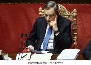 ROME, ITALY - JUNE 21, 2022: Mario Draghi, Italy's Prime Minister, Listens During A Debate At The Senate. 