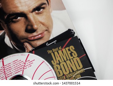 Rome, Italy - June, 25 2019, cover of the soundtrack of James Bond 007 and of the biography of the publisher Taschen on the actor Sean Connery.