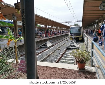 Rome, Italy - June 25, 2022, detail of the terminus of the Rome-Lido railway that connects the Roma Porta San Paolo station in the Ostiense district to the Cristoforo Colombo station at Ostia.