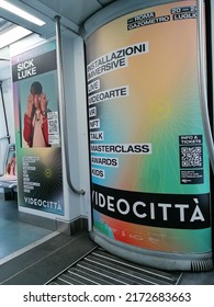 Rome, Italy - June 25, 2022, Advertising Installation Inside The Subway Car.