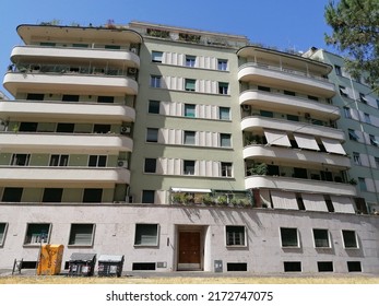Rome, Italy - June 25, 2022, detail of the facade of a modern building with a rational architecture of the 1940s, in the Trieste district.