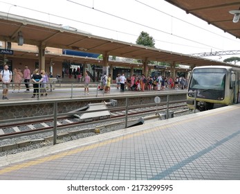 Rome, Italy - June 25, 2022, detail of the terminus of the Rome-Lido railway that connects the Roma Porta San Paolo station in the Ostiense district to the Cristoforo Colombo station at Ostia.