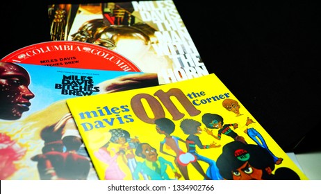 Rome, Italy - March 08, 2019: Collection Of Covers And Cd Inserts Of The American Jazz Trumpeter MILES DAVIS. The Most Influential And Acclaimed Figures In The History Of Jazz And 20th Century Music