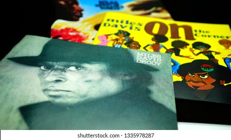 Rome, Italy - March 08, 2019: Collection Of Covers And Cd Inserts Of The American Jazz Trumpeter MILES DAVIS. The Most Influential And Acclaimed Figures In The History Of Jazz And 20th Century Music