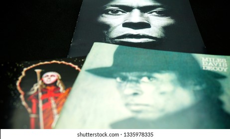 Rome, Italy - March 08, 2019: Collection Of Covers And Cd Inserts Of The American Jazz Trumpeter MILES DAVIS. The Most Influential And Acclaimed Figures In The History Of Jazz And 20th Century Music