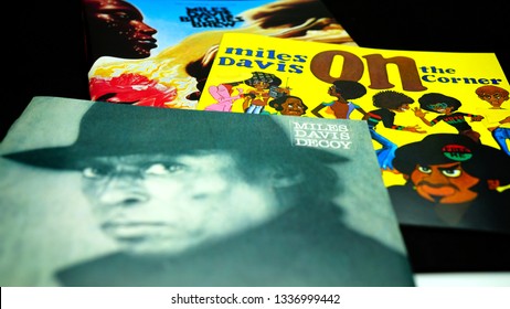 Rome, Italy - March 08, 2019: Collection Of Covers And Cd Inserts Of The American Jazz Trumpeter MILES DAVIS. The Most Influential And Acclaimed Figures In The History Of Jazz And 20th Century Music