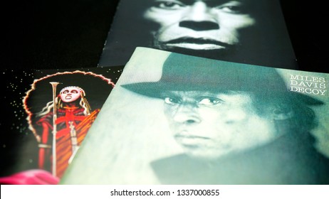 Rome, Italy - March 08, 2019: Collection Of Covers And Cd Inserts Of The American Jazz Trumpeter MILES DAVIS. The Most Influential And Acclaimed Figures In The History Of Jazz And 20th Century Music