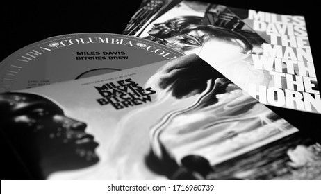 Rome, Italy - March 08, 2019: Collection Of Covers And Cd Inserts Of The American Jazz Trumpeter MILES DAVIS. The Most Influential And Acclaimed Figures In The History Of Jazz And 20th Century Music