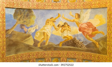 ROME, ITALY - MARCH 10, 2016: The fresco The Sacrifice of Isaac (1957-1965) in church Basilica di Santa Maria Ausiliatrice by the Salesian Don Giuseppe Melle.
