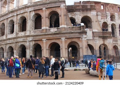 Rome. Italy. March 10, 2019. The Building Of The Ancient Ancient Arena Of The Roman Empire Colosseum. Part Of The Ancient Archaeological Ruins.