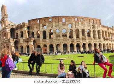 Rome. Italy. March 10, 2019. The Building Of The Ancient Ancient Arena Of The Roman Empire Colosseum. Part Of The Ancient Archaeological Ruins.