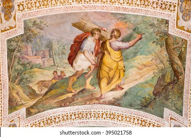 ROME, ITALY - MARCH 11, 2016: The Abraham and Isaac Going to the Sacrifice by P. Bril, and A. Viviani (1560-1620). Fresco from vault of stairs in Chiesa di San Lorenzo in Palatio ad Sancta Sanctorum.