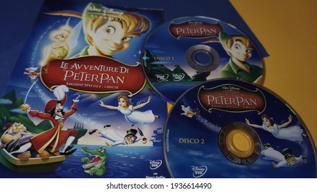 Rome, Italy - March 14, 2021, 2 Peter Pan Special Edition DVDs. Animated Film Produced By Walt Disney In 1953 Based On The Play Peter And Wendy By J. M. Barrie, 14th Disney Classic.