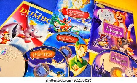 Rome, Italy - March 14, 2021, dvd special editions, Dumbo, The Adventures of Peter Pan, The Aristocats, produced by Walt Disney.
