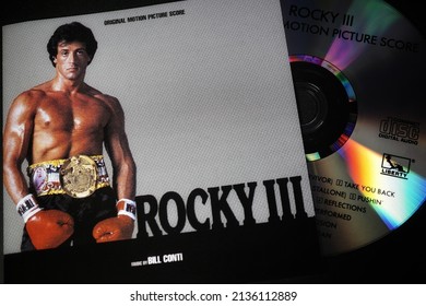 Rome, Italy - March 15, 2022, Detail Of The Cover And Cd Of The Soundtrack Of The Movie Rocky III.