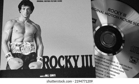 Rome, Italy - March 15, 2022, Detail Of The Cover And Cd Of The Soundtrack Of The Movie Rocky III.