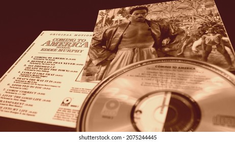 Rome, Italy - March 16, 2020: Cd and artwork of the soundtrack of the film with eddie murphy COMING TO AMERICA. a 1988 comedy by John Landis, it had a worldwide grossing of over $ 288,752,301