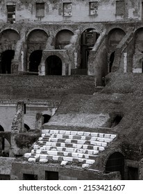 Rome, Italy, March 2022. Black and white picture of the arena inside Colosseum, city attraction.