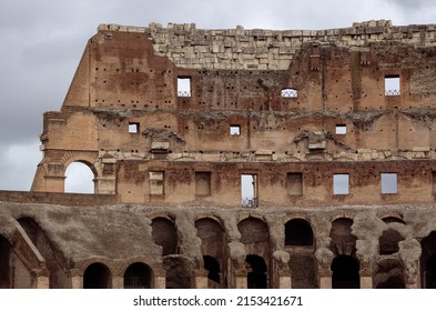 Rome, Italy, March 2022. The inside part of the wall from the main attraction of Rome, ancient Flavian amphitheatre, Colosseum.