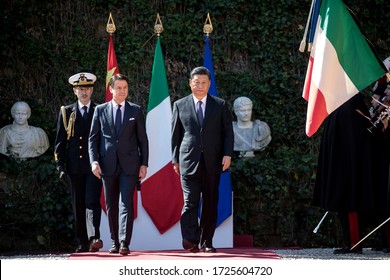 Rome, Italy - March 23, 2019: Xi Jinping, China's president and Giuseppe Conte, Italy's prime minister, arrive for the signing of a memorandum of understanding at Villa Madama in Rome. 
