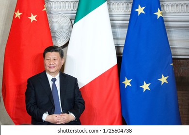 Rome, Italy - March 23, 2019: Xi Jinping, China's president looks on during the signing of the memorandum of understanding with Giuseppe Conte, Italy's prime minister at Villa Madama in Rome. 