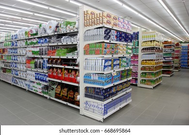 ROME, ITALY. March 26, 2014: Grocery shop shelves with products inside a new market (M.A. Supermarket) opening in Rome, Italy.