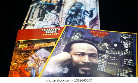 Rome, Italy - March 27, 2019: CDs And Artwork Of American Singer, Songwriter And Record Producer MARVIN GAYE. He Helped To Shape The Sound Of Motown In The 1960s