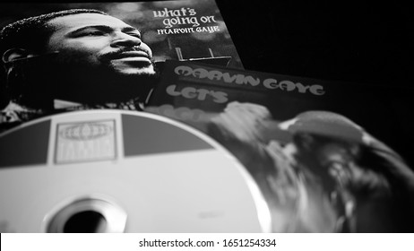 Rome, Italy - March 27, 2019: CDs and artwork of American singer, songwriter and record producer MARVIN GAYE. killed in 1984 by his father who shot him after a fight in their home in Los Angeles