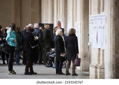 Rome, Italy - March 4 2018: Voters Wait In Line To Cast Their Ballot Outside A Polling Station During Italian General Election In Rome.