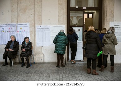 Rome, Italy - March 4 2018: Voters Wait In Line To Cast Their Ballot Outside A Polling Station During Italian General Election In Rome.