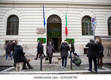 Rome, Italy - March 4 2018: Voters Enter A Polling Station  To Cast Their Ballot During Italian General Election In Rome.