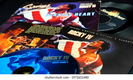 Rome, Italy - May 07, 2021: Cd and 45 rpm from the soundtrack of Sylvester Stallone's film, ROCKY IV. Which to celebrate 35 years since its release will be re-edited as director's cut in 2021