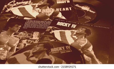 Rome, Italy - May 07, 2021: Cd and 45 rpm from the soundtrack of Sylvester Stallone's film, ROCKY IV. Which to celebrate 35 years since its release will be re-edited as director's cut in 2021