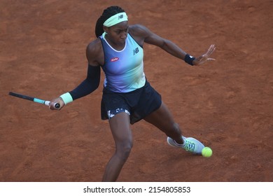 ROME, ITALY - MAY 09: Gauff Coco of USA plays a forehand against  Angelique Kerber Deutschland during their single women round match in the Internazionali BNL D'Italia at Foro Italico on May 09, 2022