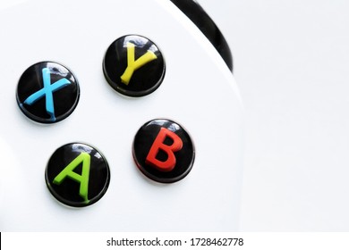 Rome, Italy - May 10 2020: White Xbox One Controller Closeup Macro Buttons Joystick Game Pad
