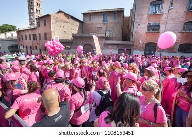 ROME, ITALY. May 17, 2015: Crowd Of Women In The Street Celebrating During A Foot Race In Rome In Italy. Race For The Cure, Run For Charity Against Woman Breast Cancer.