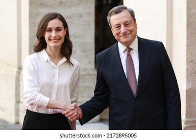 ROME, ITALY - MAY 18, 2022: Mario Draghi, Italy's Prime Minister Meeting Sanna Marin, Finland's Prime Minister, At The Chigi Palace.